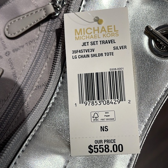 MICHAEL KORS 
Jet Set Travel Large Signature Chain Shoulder Tote Bag
Silver 
NWT - Picture 12 of 16